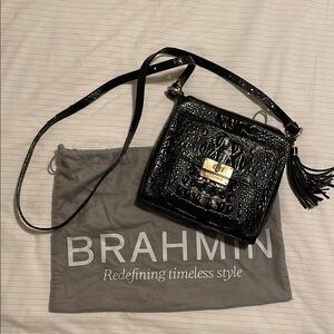 Brahmin Black Crossbody Bag with Crocodile Embossed Texture and Gold Hardware
